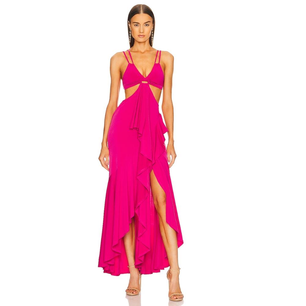Michael Costello Hot Pink Cutout Ruffle Maxi Dress